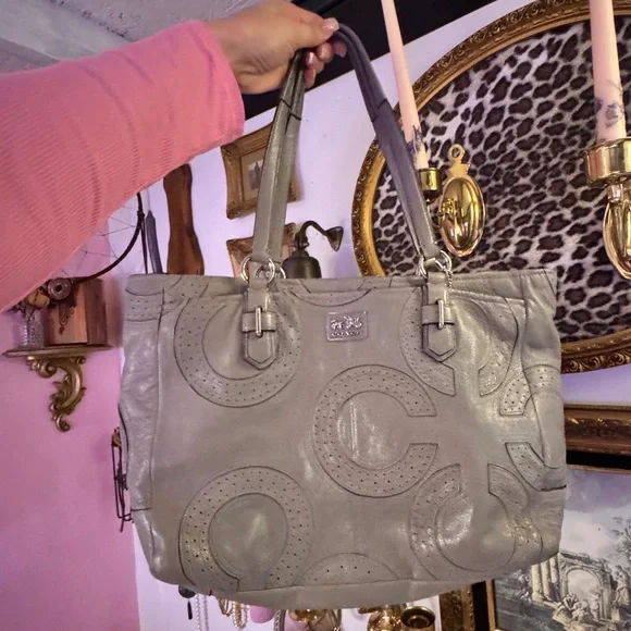 Coach Gray Leather Perforated C Tote